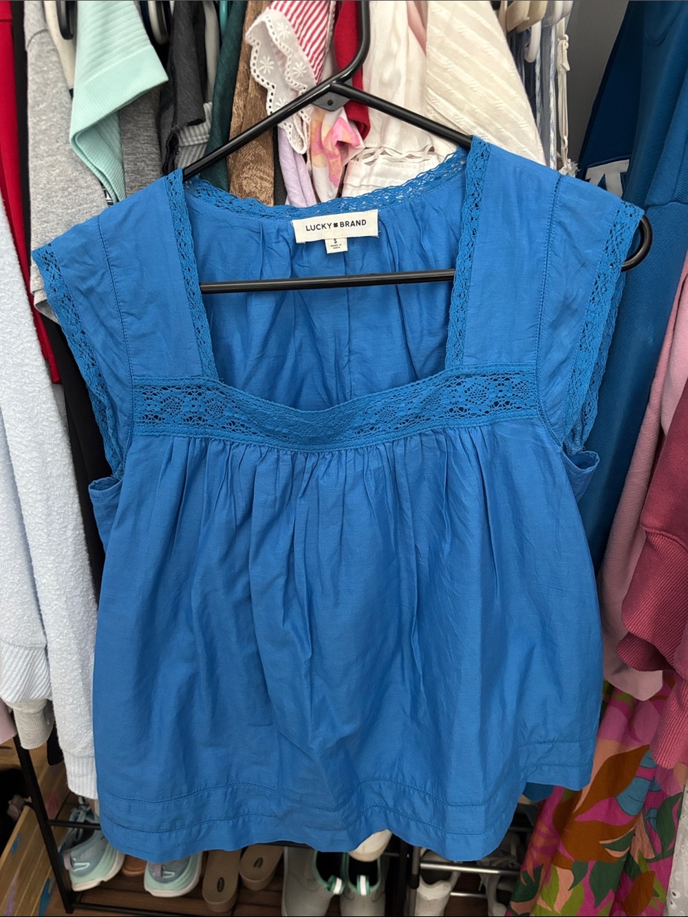 Lucky Brand Bright Blue Cotton Lace-Trim Square Neck Camisole